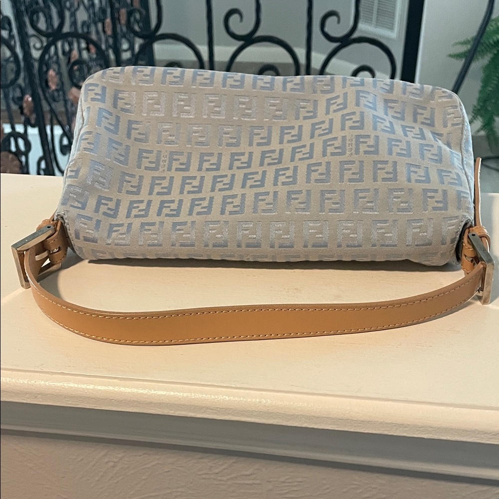 Fendi Light Blue Monogram Shoulder Bag with Tan Leather Strap -Zucchino - Picture 12 of 15